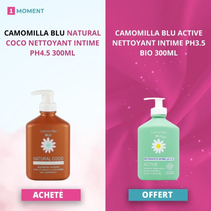 CAMOMILLA BLU NATURAL COCO NETTOYANT INTIME PH4.5 300ML + ACTIVE NETTOYANT INTIME PH3.5 BIO 300ML OFFERT